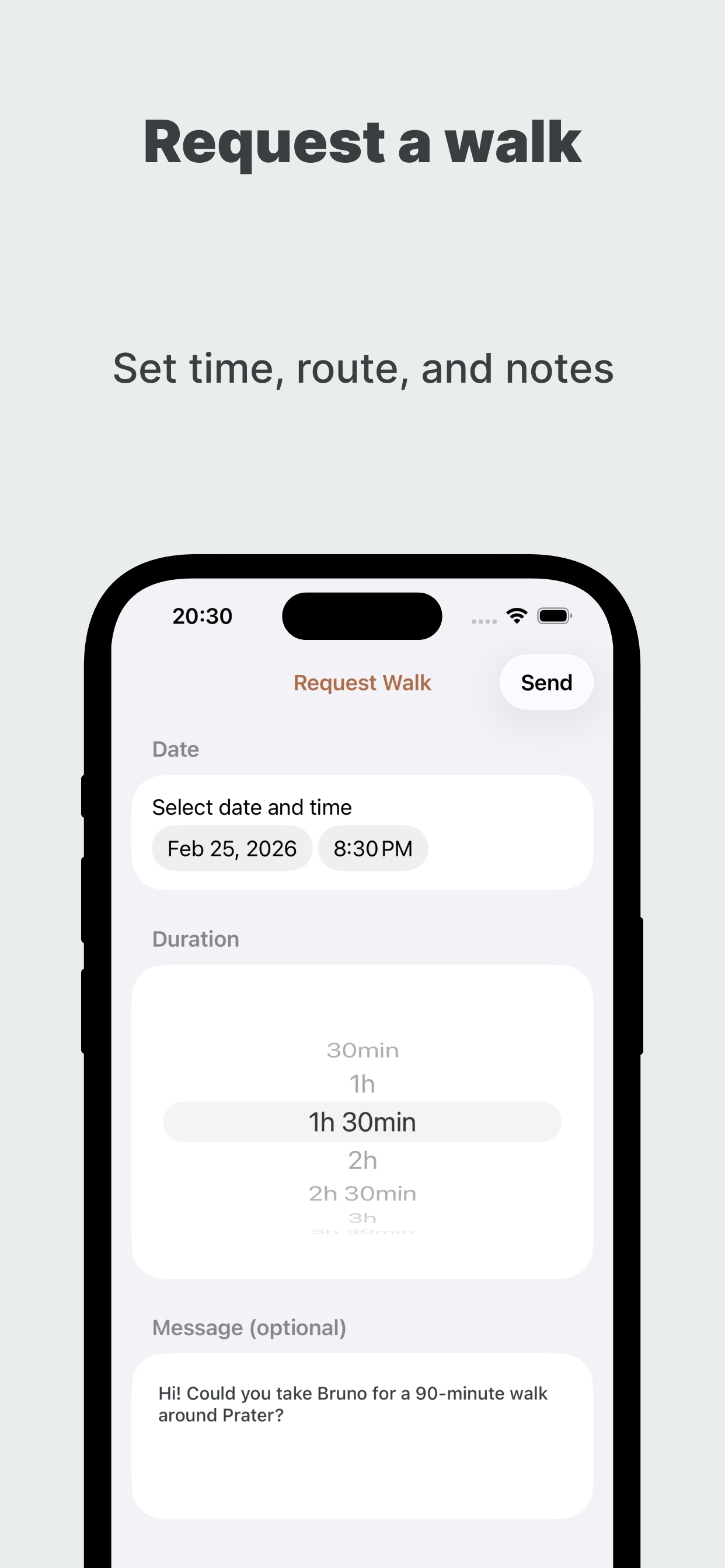 Request Walk screen with date, time, duration, and message fields.