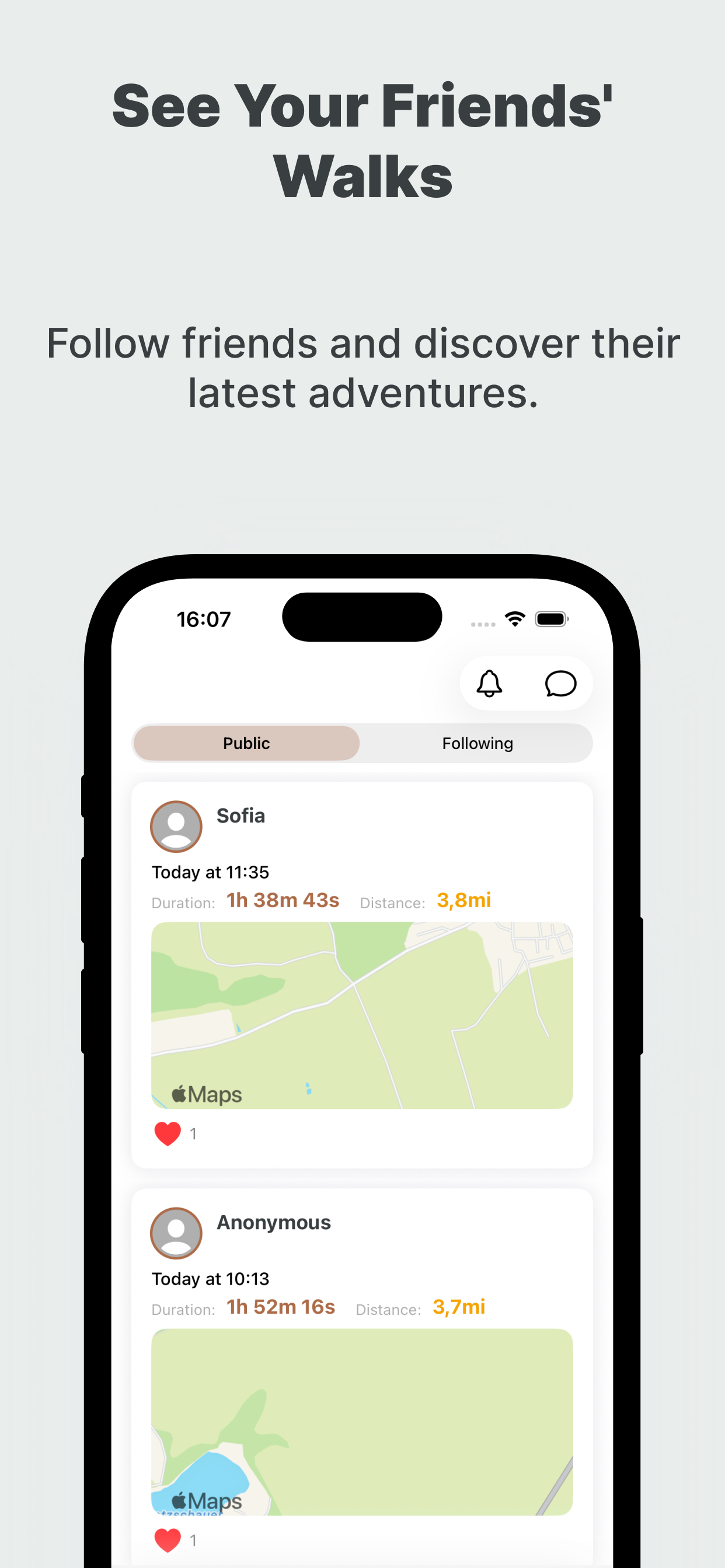Friends walks feed screen showing shared walks from followed users.