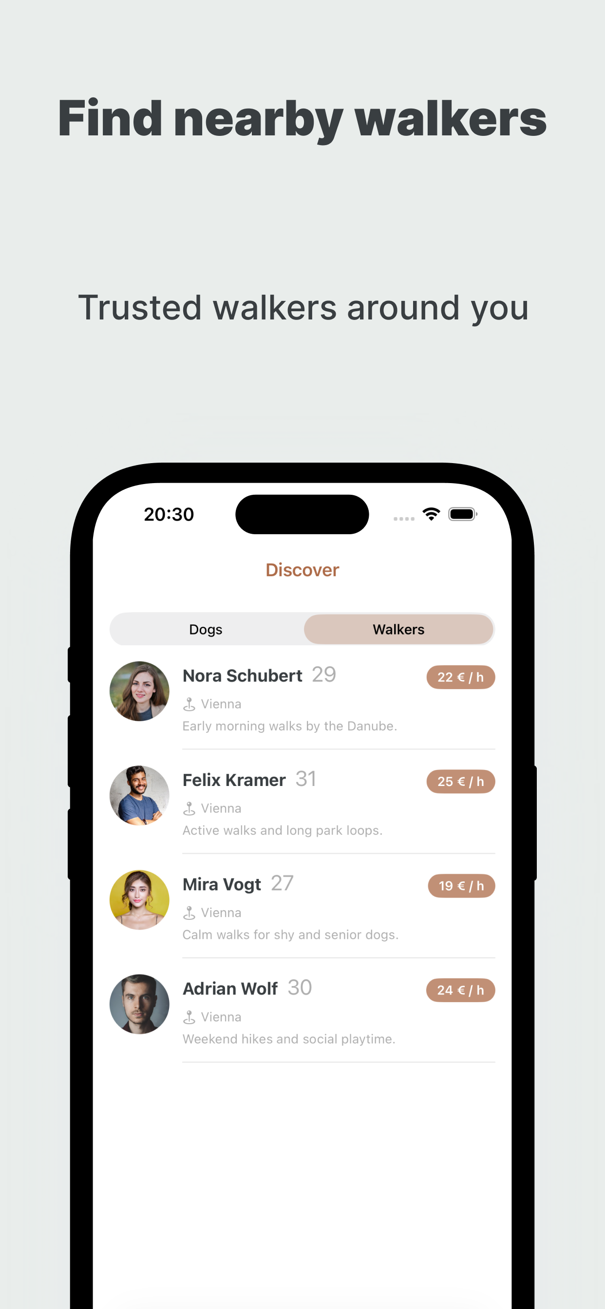 Discover walkers screen listing nearby dog walkers and rates.