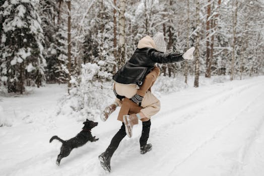 A couple enjoys a playful winter day in a snowy forest, accompanied by their dog.