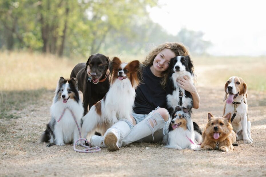 A cheerful woman sitting with various dog breeds in a sunny park, showcasing companionship.